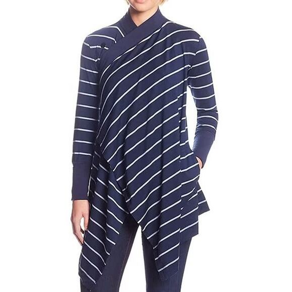 Icebreaker Bliss Wrap Merino Wool Cardigan Navy White Striped Tie Button Medium - Picture 1 of 16